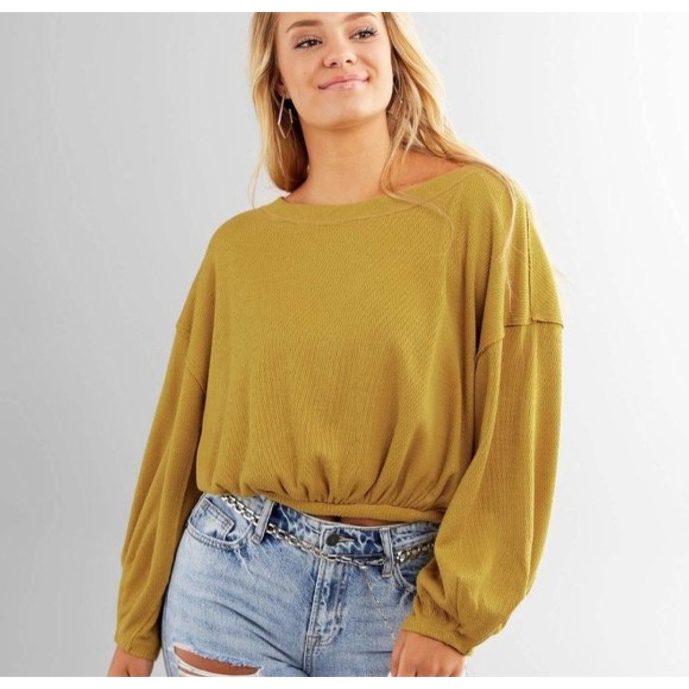 Free People Mustard Olive Dolman Sleeve Cropped Knit Top Boho Slouchy